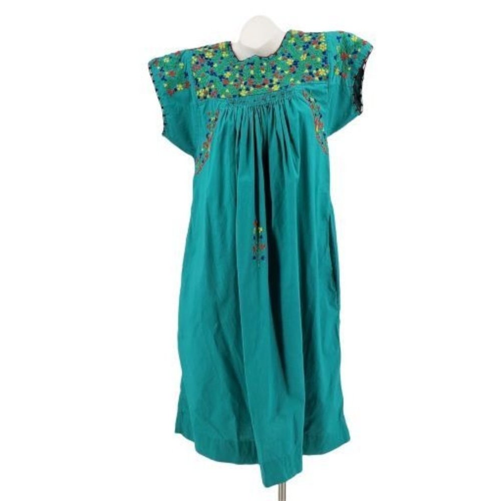 Naqui Vintage 80s 90s Green Embroidered Floral and Vine Mexican Midi Dress